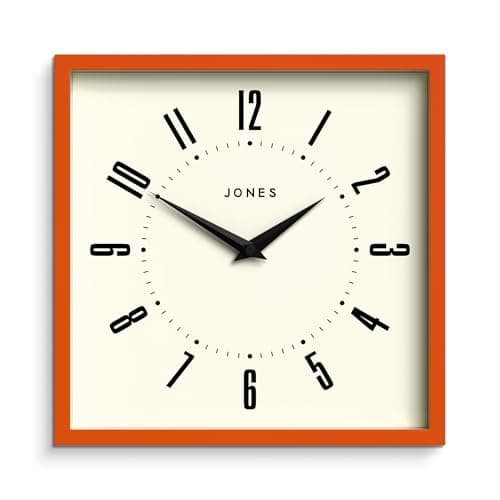 Image of Jones Clocks® Box wall clock | Retro square | 25cm | Orange | Easy to read numbers | Perfect kitchen or office clock