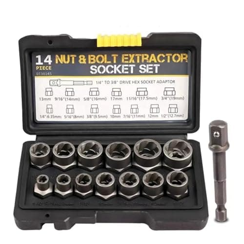 Image of 14 Pcs Impact Bolt & Nut Remover Set,1/4”-3/4” Twist Socket Tool Set Nut Extractor Socket,Bolt Remover Tool Set with Hex Adapter for Removing Damaged,Dead,Rusted,Rounded-Off Bolts,Nuts & Screws