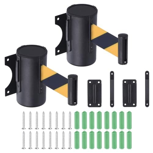 Image of PATIKIL 2Pcs Fixed Wall Mount Retractable Belt Barrier, 16.4 Feet Black/Yellow Belt with Steel Case for Crowd Control Grocery Retail Store Stadium
