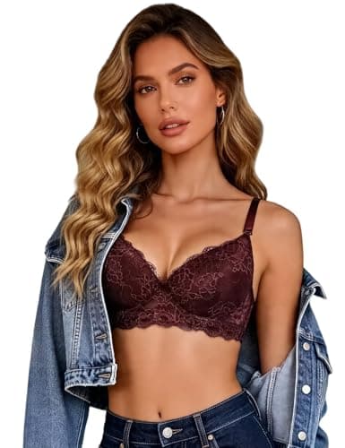Image of ohmydear Women's Lace Bras Underwired Padded T-Shirt Bra Ladies Full Coverage Comfort Everyday Plus Size Comfit Brassiere for Women Wine Red Push Up Bra 38D