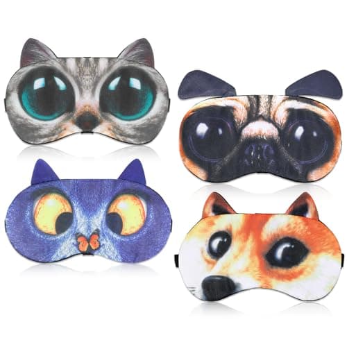 Image of Hpmjz 4 Pcs Funny Sleep Mask Cat Dog Sleeping Eye Cover Cute Animal Blindfolds Soft Travel Nap Blindfolds with Adjustable Strap for Men Women Party Game Plane Works Night Sleeping