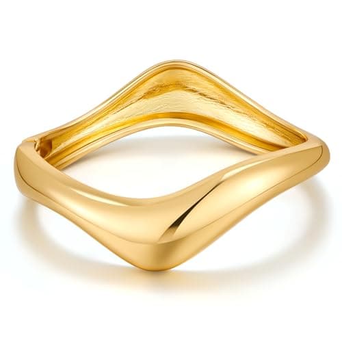 Image of ENSKEFEN Wave Chunky Gold Hinged Bangle Bracelet for Women Trendy Irregular Gold Bracelets Minimalist Wide Wrist Thick Arm Cuff Open Bangle