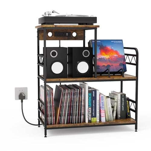 Image of Vinyl Record Player Stand with Charging Station, Turntable Storage Cabinet Holds Up to 300 Albums, Record Player Table with Display Shelf, 2 AC Outlets & 2 USB Ports, Rustic Brown, 77×35×85cm