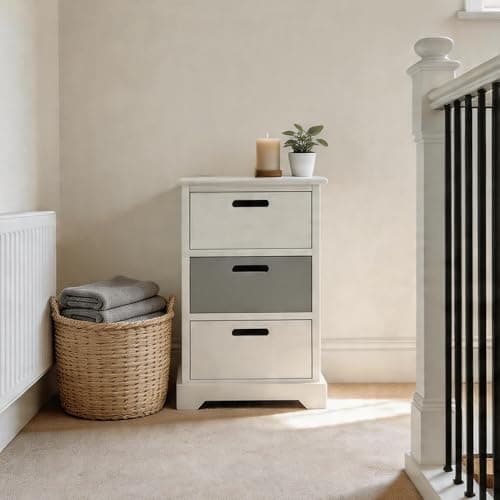 Image of Home Source Chest Bedside Table, Wooden Home Storage Organiser, White and Grey, 3 Drawer