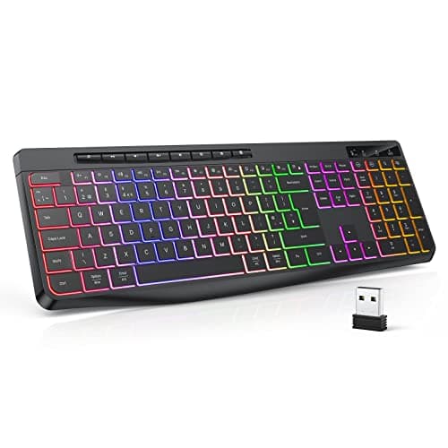 Image of TECURS Wireless Keyboard QWERTY UK Layout, 2.4G Wireless Gaming Keyboard, LED Backlit, Ergonomic, Quiet, Rechargeable, Full Size Keyboard with Multimedia Keys for Computer/PC/Laptop/MAC/Windows