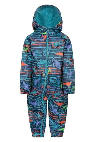 Image of Mountain Warehouse Toddler Puddle Printed Kids Waterproof Rain Suit All in One, Hooded, Outdoor Taped Seams Suit, Breathable & Lightweight - For Spring Summer Navy (Printed) Baby Size 6-9 Months