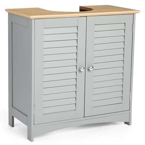 Image of VonHaus Under Sink Bathroom Cabinet – Grey Under Sink Storage for Bathroom with Wood Effect Top - Below Basin Cabinet with 2 Internal Shelves & Shutter Style Doors – Basin Cupboard – Shrewsbury