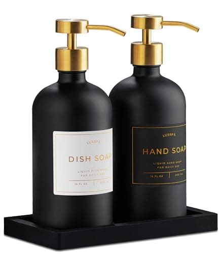 Image of Glass Hand Soap Dispenser Set for Kitchen Sink & Bathroom – 2 x 500ml Refillable Bottles with Stainless Steel Pump, Washing-Up Liquid Dispensers, 15 Waterproof Labels & Silicone Tray (Black/Gold)