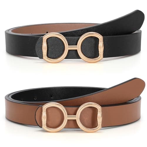 Image of LEACOOLKEY Women Reversible Leather Belt for Jeans Pants Fashion Two-In-One Gold Buckle Ladies Dress Belt(Black/Brown(shiny Gold Buckle),Suit Waist Size 32"-36"