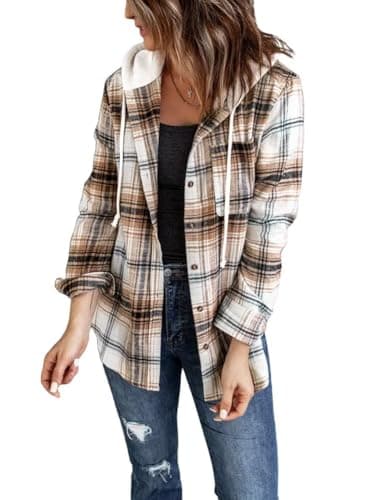 Image of LACOZY Women's Hooded Flannel Shirt Buffalo Plaid Long Sleeve Jacket Casual Loose Fit 2024 Spring Clothing with Pocket Khaki S
