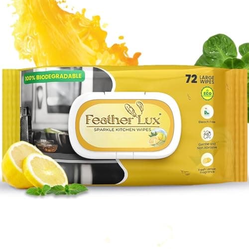 Image of Wipes Premium Kitchen 72 Pack, Lemon Scent – Extra Strong Biodegradable Multi-Surface Cleaning Wipes Remove Grease Grime & Bacteria with Eco-Friendly Plastic-Free Formula by Feather Lux