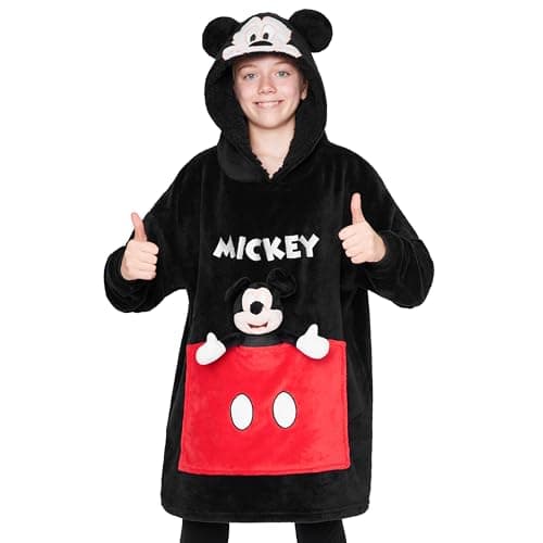 Image of Disney Stitch Fleece Hoodie Blanket with Plushie for Kids Teenagers Eeyore Angel Minnie Mouse Kids Oversized Hoodie (Black Mickey)