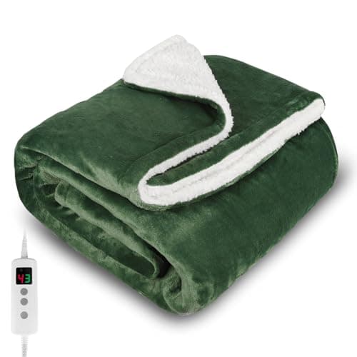 Image of PROALLER Heated Blanket, Electric heated throw 160x130CM Green, 10 Levels &1-9H Timer Auto-Off, Machine Washable, Soft Flannel Sherpa and Full Body Warming, Sofa Bed Office Use, warm blanket, electric