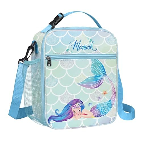 Image of Clastyle Princess Insulated Kids Lunch Bag Large Thermal Cooler Bag for Girl Picnic School Toddler Lunch Box Tote,Blue Mermaid