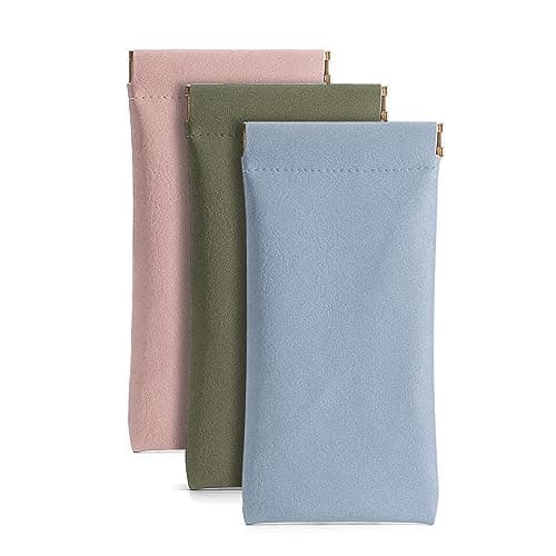 Image of Ldirect 3 Pack Leather Eyeglasses Cases PU Soft Sunglasses Pouch Squeeze Top Portable Glasses Cases for Men and Women (Pink Blue Green)