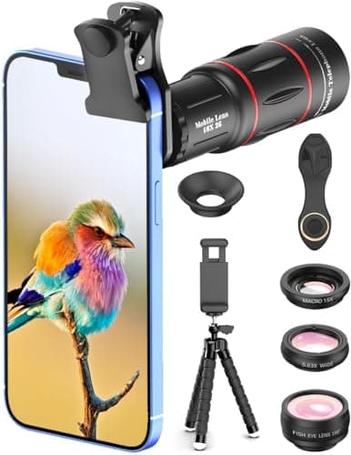 Image of Apexel Camera Lens Kit,18x Monocular Telescope with Eyecup,0.63x Wide lens&15x Macro Lens,198¡ãFisheye Lens,Flexible Camera Tripod for iPhone and most Smartphone