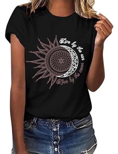 Image of Lonya Women's T-Shirt Black Crew Neck Short Sleeve Tunic Tee Shirt Casual Cute Graphic Print Basic Fashion Tshirts Sun and Moon,XL