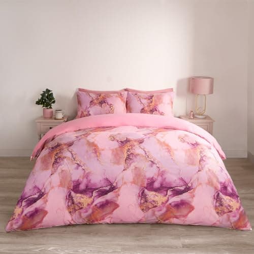 Image of OHS Bedding Double Bed Set, Reversible Marble Bedding Double Quilt Covers Super Soft Luxury Decorative Double Duvet Set with Pillowcases, Pink & White