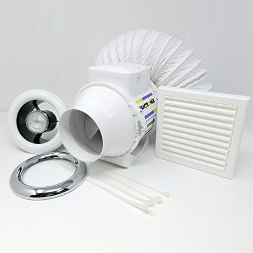 Image of Fantronix 100 mm (4”) Inline Bathroom Fan & LED Light Kit with Run-On Timer – Low Noise, Condensation Control, Chrome & White Bezel