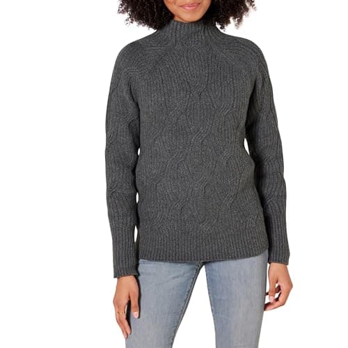 Image of Amazon Essentials Women's Soft Touch Cable Knit Funnel Neck Chunky Jumper, Charcoal Heather, M