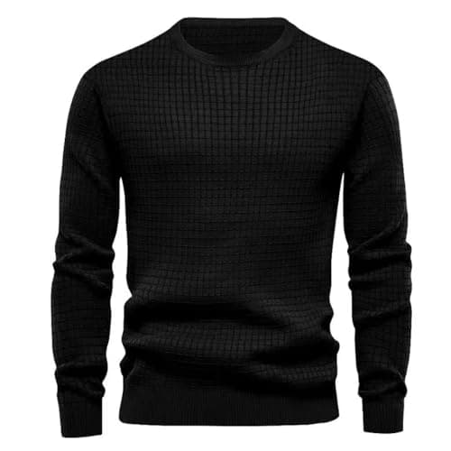 Image of MakingDa Mens Crew Neck Jumper Waffle Pullover Long Sleeve Sweatshirts Solid Ribbed Cuff Regular Fit Sweater Vintage Soft Classic Lightweight Work Casual Jumpers Black S