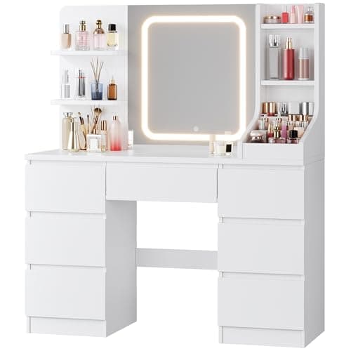 Image of JUMMICO Dressing Table with LED Mirror,Adjustable Brightness,Vanity Table with Large Storage,Makeup Desk with 7 Drawers and 4 Shelves,Modern White