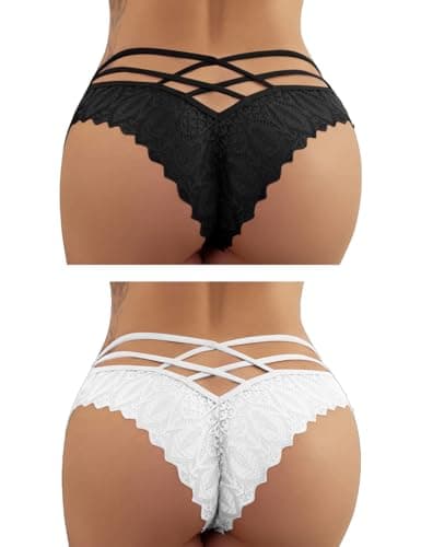 Image of FULLJOYLOVE Women's Sexy Lace Mesh Hollow Panties Seamless Knickers Ladies Stretchy Low Rise Bikini Briefs Hipster Lace Underwear for Female Black White 2 Pack