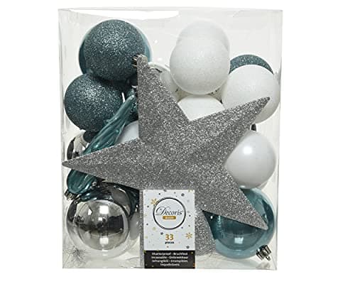 Image of Christmas Baubles with Christmas Tree Topper Star Plastic Set of 33 Shatterproof White Light Blue Silver