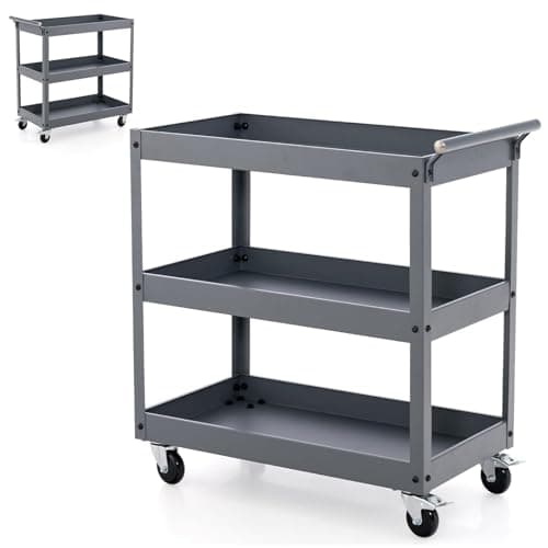 Image of HOMFME 3 Tier Tool Trolley, Heavy-duty Steel Utility Service Cart with Lockable Wheels, Handle, Rolling Tool Storage Organizer Workstation for Garage Warehouse Workshop, 38 x 76 x 78 cm (Grey)