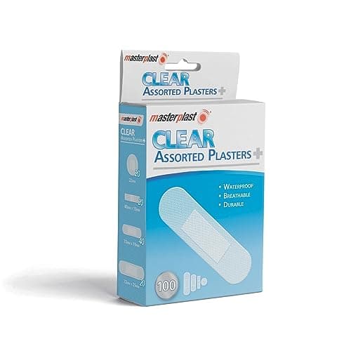 Image of Masterplast Clear Assorted Plasters 100 Pack | Waterproof Plasters | Breathable Durable Transparent | 4 Sizes 22mm, 40mm x 10mm, 72mm x 19mm, 72mm x 25mm