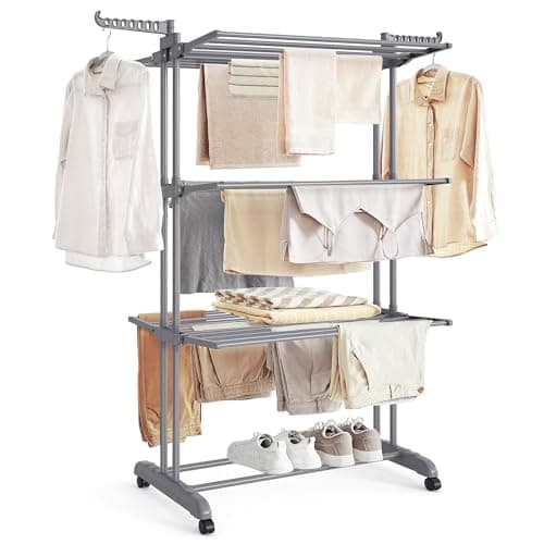 Image of SONGMICS Large Clothes Airer, Foldable Clothes Drying Rack Laundry 4-Tier, Moveable, 64 x 126 x 172 cm, Stainess Steel, Folding Wings, Easy Assembly, Indoor Outdoor Use, Grey LLR701G01