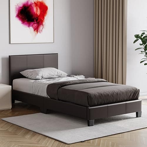 Image of Vida Designs Lisbon Single Bed, 3Ft Bed Frame Upholstered Faux Leather Headboard Low Foot End Bedroom Furniture, Brown (UKFR Certified)
