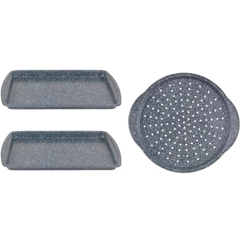 Image of Russell Hobbs COMBO-5445 Baking Tray Set of 2 – 38 cm Non-Stick Flat Sheet for Oven up to 220°C & RH01003EU Nightfall Stone 37 cm Pizza Pan - Round Non-Stick Baking Tray