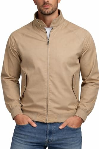 Image of Xact Men's Soft Cotton Harrington Bomber Jacket - Classic Mod Retro Style, Tartan Check Lining, Regular Fit, Lightweight Spring Autumn & Fall Car Coat (Stone) XL