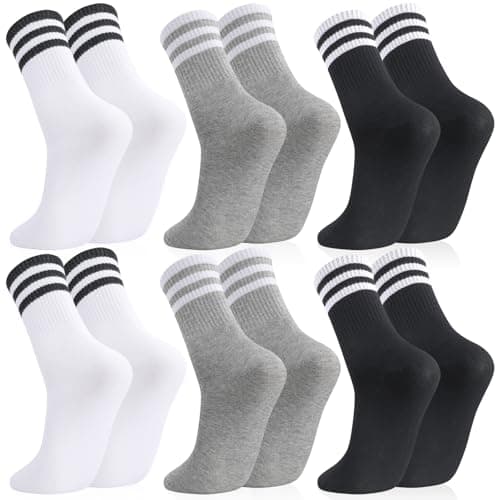 Image of Zuimei 6 Pairs Striped Crew Socks Multipack, Cotton Sports Running Socks for Men Women, Breathable Athletic Black White Grey Socks for Work School Casual Walking