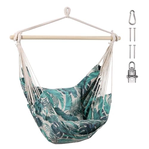 Image of VonHaus Hanging Chair Outdoor with Attachments – Leaf Print Garden Swing Seat & Hammock Chair, 1 Seater Rope Tropical Style Jungle Print Portable Garden Seat for Garden, Patio & Terrace