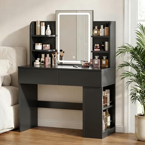 Image of JUMMICO Dressing Table with LED Mirror,Vanity Desk with 2 Large Drawers,Adjustable Brightness,Makeup Table with Open Shelves and Sideboard,Bedroom Furniture (Black, 90cm)