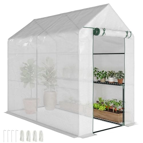 Image of Outsunny Walk In Greenhouse with 2-Tier Shelves, Roll up Zip Panel Door, Garden Polytunnel Steeple Grow House for Outdoor, 6 x 4 x 6ft White