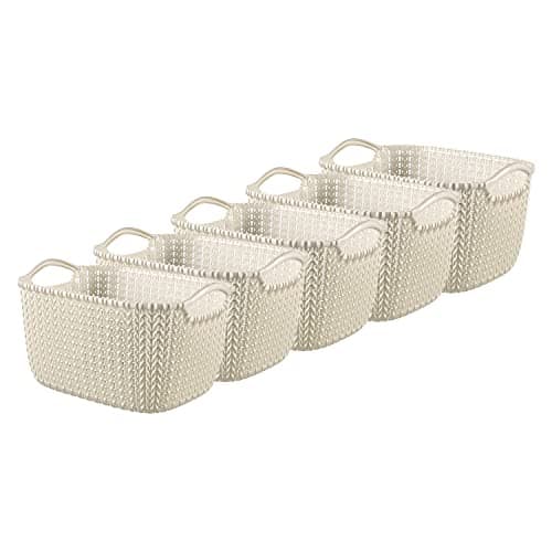 Image of Curver Knit Effect Set of 5 Kitchen, Living room, Bathroom, Bedroom, Utility Rectangular Small Storage Basket 8 Litres - Oasis White