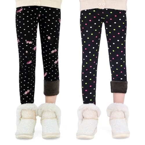 Image of FILOWA Leggings Girls 2-Pack Fleece Lined Kids High Waist Thermal Trousers with Stretchy Tights Pants Polka Dot Flower Patterns Warm Legging School Casual Autumn Winter Bottom for Child 9-10 Years