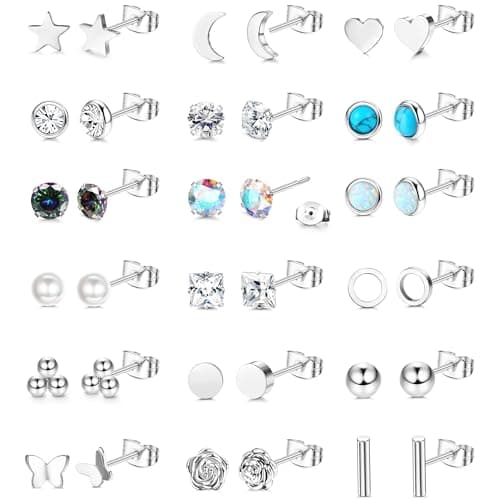 Image of JeweBella 18 Pairs Silver Stud Earrings for Women Flat Back Earrings Surgical Steel Hypoallergenic 20G Helix Tragus Cartilage Earring Set Opal CZ Turquoise Sleeper Earring for Sensitive Ears