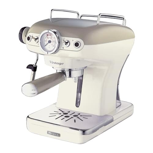 Image of Ariete 1389/13 Retro Style Espresso Machine and Built in Milk Frother, Barista Coffee Maker Ideal for Americanos, Lattes and Cappuccinos, Filter Holder for Powder or Pods, Beige