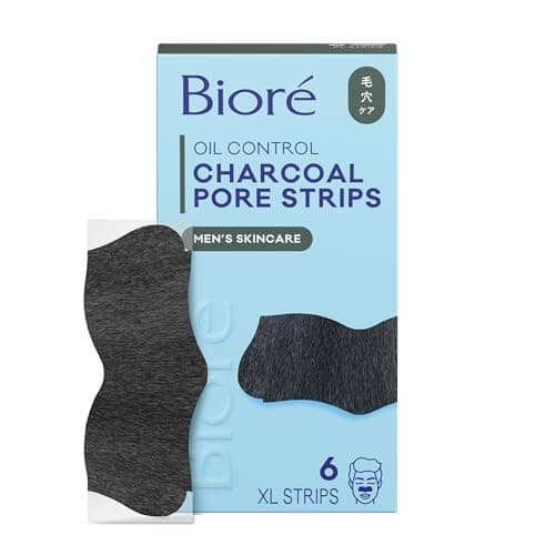 Image of Bioré Men's Charcoal Blackhead Remover Pore Strips, Nose Strips for Instant Blackhead Removal on Oily Skin, with Natural Charcoal to Help Unclog Pores, 6 Count