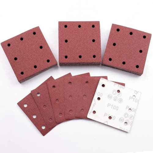 Image of Sruhrak 110x115mm Sandpaper, 50 Pieces Sanding Sheets Hook and Loop Sanding Pads 100 Grits Rectangular Sander Paper Set for Bosch Electric Sander Polishing, Rust Removal