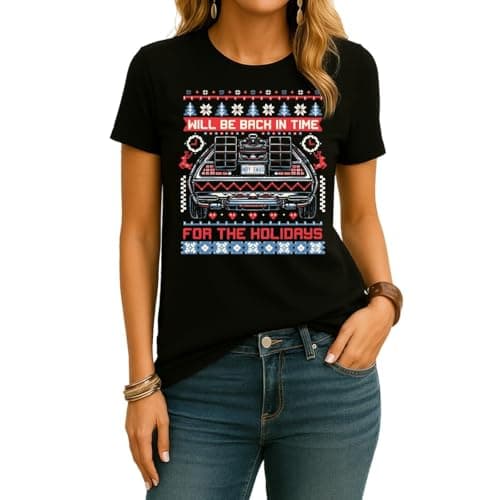 Image of Back in Time Back the Future to Future Delorean Ugly Christmas Women's T-Shirt, black, XXL