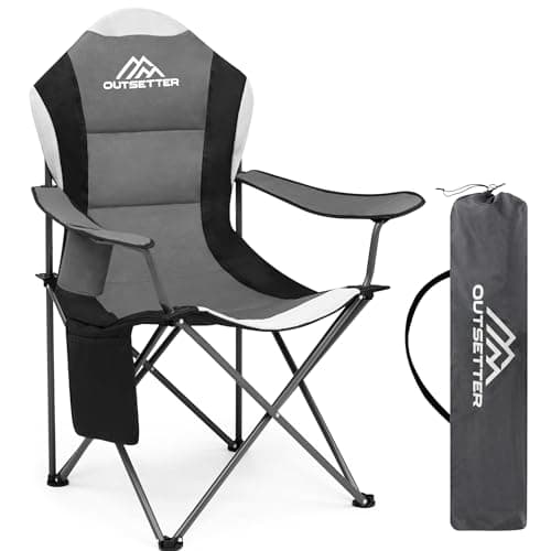 Image of Outsetter Folding Camping Chair High Back, Large Padded Chair with Cup Holder and Side Pockets,Seat with Breathable Mesh, Portable & Comfortable,Holds up to 120kg for Outdoors, Fishing(Dark Grey)