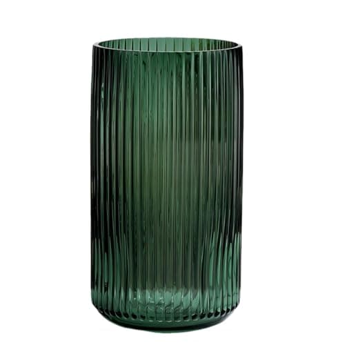 Image of Premium Thickened Green Glass Vase, Ribbed, Rustic Home Decor, Green Decorative Vase, Oblong Shape, Perfect for Shelf, Table, Entryway, Housewarming Party, 9.5 x 9.5 x 19.5 cm, 540g