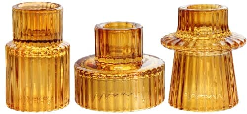 Image of HofferRuffer Candle Holders Set of 3,Glass Votive Tealight Holders for Taper/Pillar/Tealight Candles,Candlesticks for Table Centerpiece, Wedding,Birthday,Gifts（Amber）