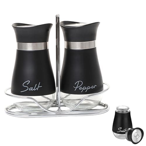 Image of Salt and Pepper Sets with Holder, Glass Bottom Salt Pepper Shaker with Stainless Steel Lid for Kitchen Gadgets Cooking Table, Camp,BBQ Spice Shaker Containers, BBQ Seasoning Bottle Jars (Black)