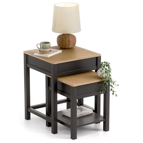 Image of Christow Nest of Tables with Storage, Set of 2 Side Tables with Removable Oak-Effect Tops, Space-Saving Nesting Design for Living Room, Sturdy MDF with Matte Painted Charcoal Finish, H53 x W43 x D41cm